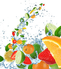 Fresh fruits in water splash  on white background