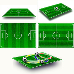Collage. Soccer field tactic table, map on perspective geometry