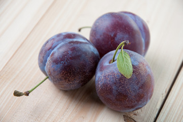 Close-up of three ripe plums, studio shot