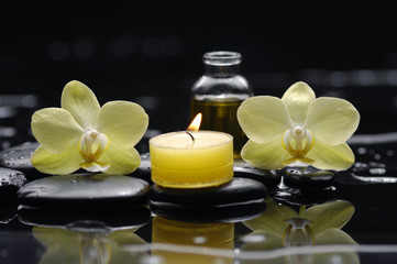 burning candle and two orchid with massage oil on zen stones