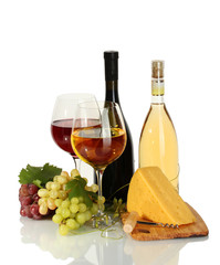 bottles and glasses of wine, cheese and ripe grapes isolated
