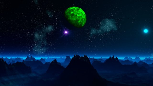 Green planet and UFO in the sky of a fantastic planet