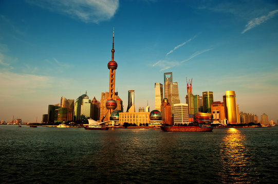 Modern China - Shanghai skyline at sunset