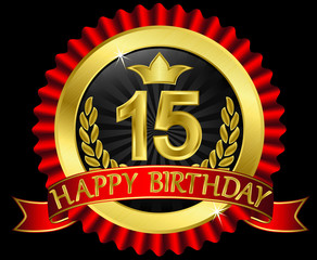 15 years happy birthday golden label with ribbons