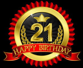 21 years happy birthday golden label with ribbons