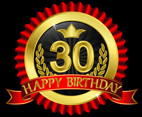 30 years happy birthday golden label with ribbons