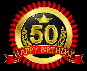 50 years happy birthday golden label with ribbons