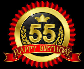 55 years happy birthday golden label with ribbons