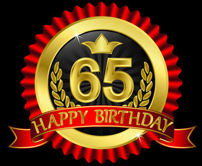65 years happy birthday golden label with ribbons