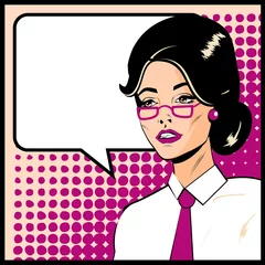 Foto auf Acrylglas Comics Pop-Art-Geschäftsfrau mit Sprechblase. Retro-Business-Smiley