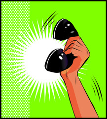 Popart illustratie van een hand die een telefoon vasthoudt