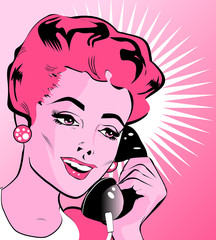 Popart illustratie van een vrouw die met de hand een telefoon vasthoudt