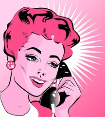 Foto auf Acrylglas Comics Pop-Art-Illustration einer Frau mit der Hand, die ein Telefon hält