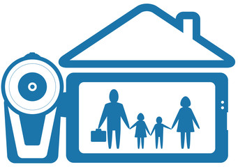 blue symbol home video with family and video camera silhouette