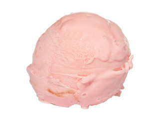 Scoop of strawberry ice cream from top on white background