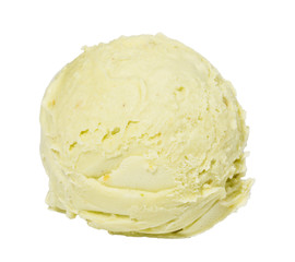 Scoop of pistachio ice cream from top on white background