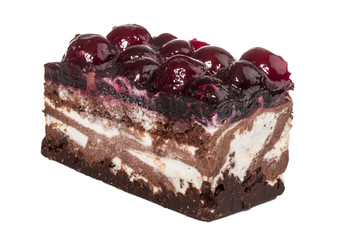 Chocolate cake with cherry on top on a white background