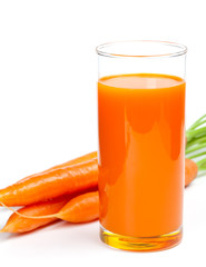 Carrot juice and fresh carrot, isolated on white background