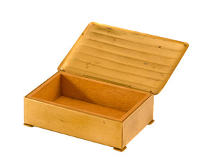 Gold color metal wooden jewelry box isolated