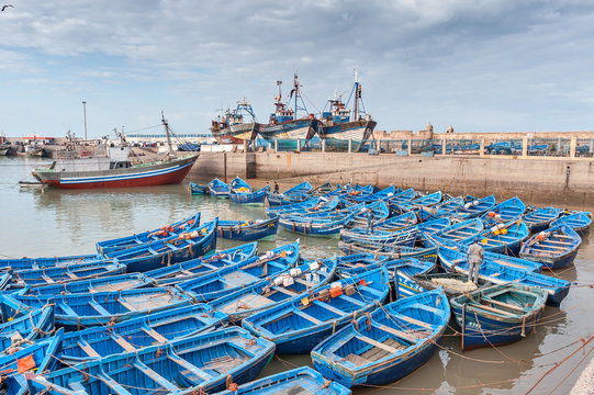 Fishing boats and ships in harbor Essaouira Morocco