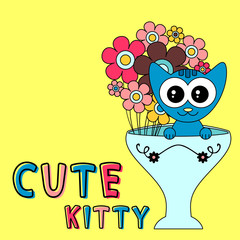 Cute kitty in the vase with flowers