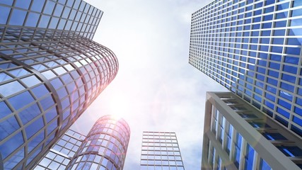 animated transforming buildings with flying birds and airplane