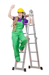 Woman worker standing on ladder