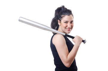 Woman criminal with bat on white