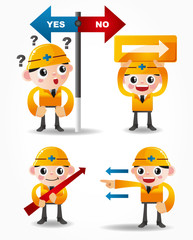 funny cartoon worker icon set with arrow board