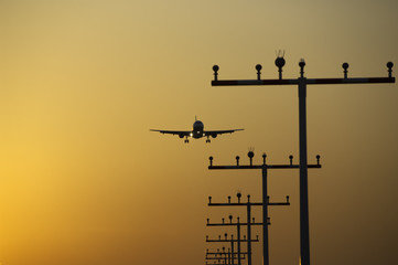 airplane landing at frankfurt airport at sunrise