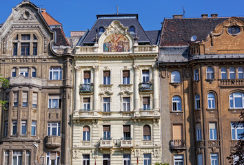 Hungary, Budapest, facades of old houses