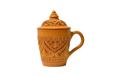 clay cup with Thai pattern style isolated on white background
