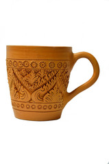 clay cup with Thai pattern style isolated on white background