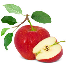 Red apple with leaves and slice isolated on white