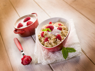 risottto with raspberries and yoghurt, healty food
