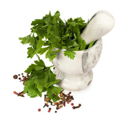 stone mortar with parsley and spices