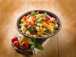 vegetarian couscous with tofu capsicum tomatoes mint and capers