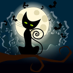 Cute Halloween illustration with full Moon, bats and black cat