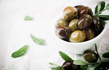 Bowl of fresh olives with copyspace
