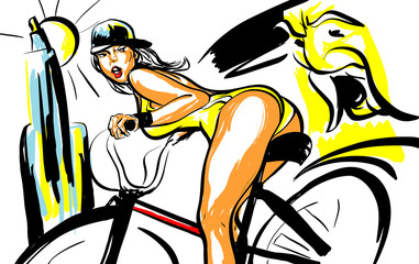 femme sexy sur u n vélo croquis couleur