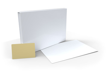 Blank box, card and sheet of paper