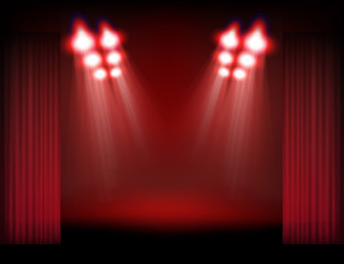 Bright stage with spot lights, smoke and curtains. Template for