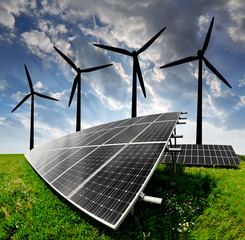 solar energy panels and wind turbine