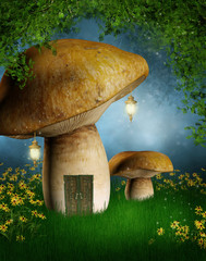 Baśniowy domek z grzyba na leśnej polanie © Obsidian Fantasy