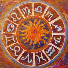 Handgemalter Tierkreis auf Holz- rauhe Oberflächenstruktur, Alle Sternezeichen mit einer Sonne in der Mitte, gold schimmernd, Gemälde