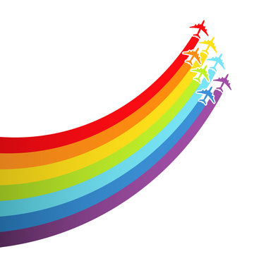 Background with rainbow airplanes. Vector illustration.