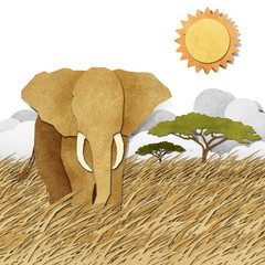 Elephant in Safari field recycled paper background