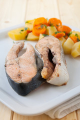  Salmon steaks with vapor cooked veggies