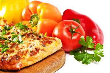 tasty pizza with vegetables isolated. close-up