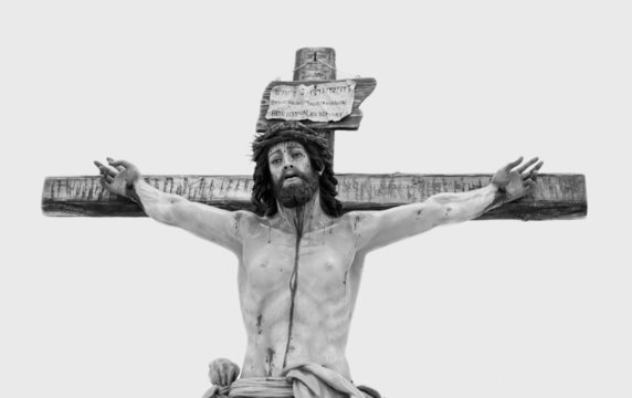 Black and white photograph of a crucifix crista